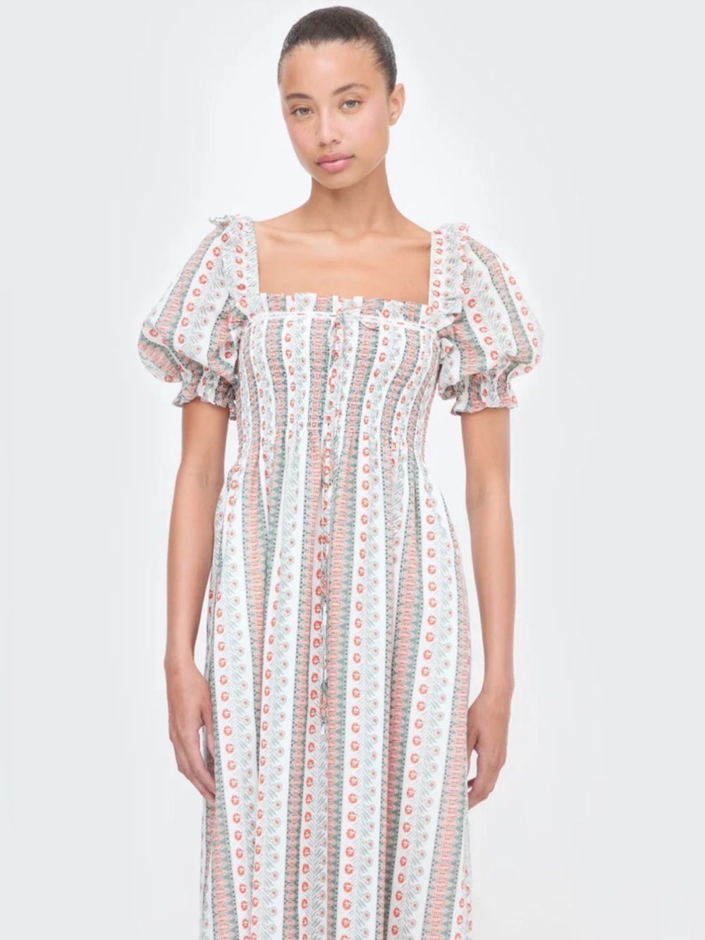 Hill House The Scarlet Midi Nap Dress Smocked in Cosmos Floral Stripe Sz M - Picture 2 of 12